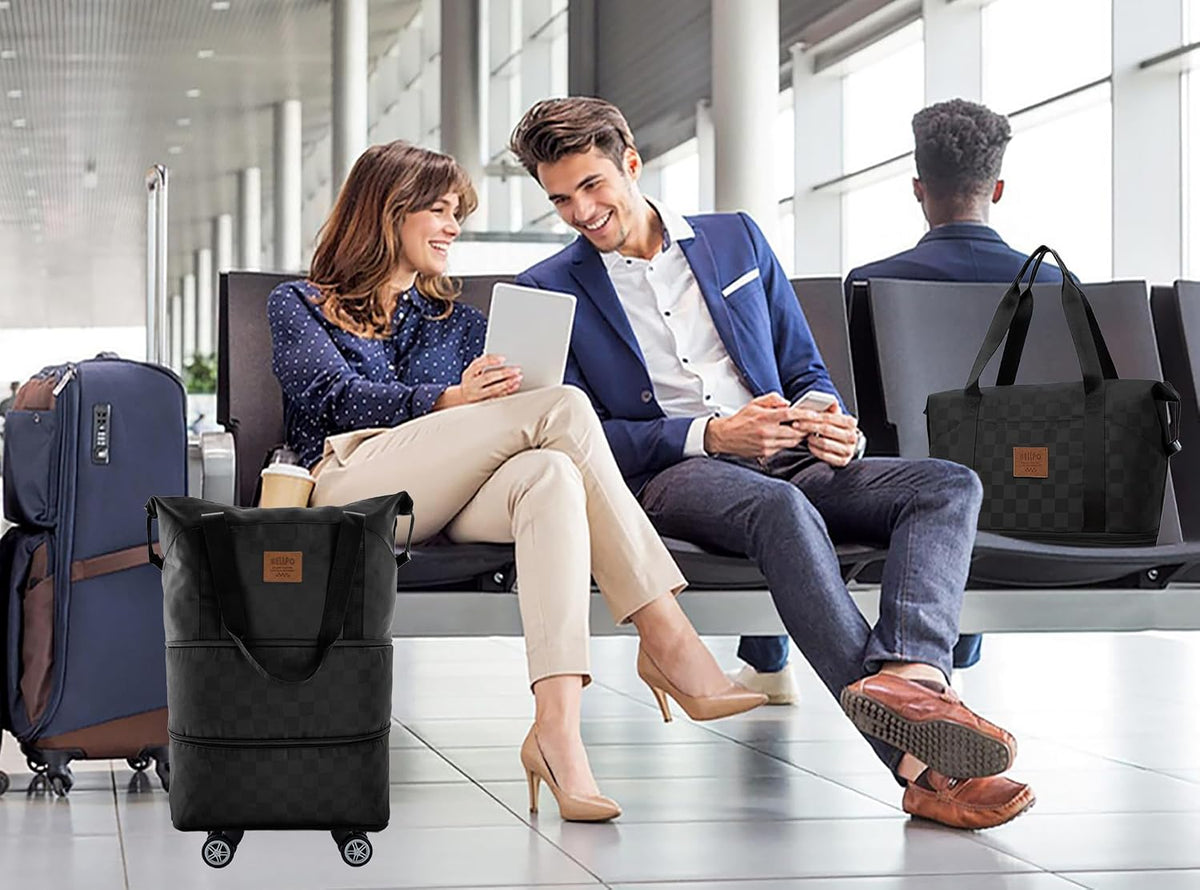 Travel Duffle Bag with Wheels, 28-58L Expandable & Foldable Duffel Bag - Lightweight, Durable, Carry-On Luggage for Gym, Camping, Business Trip for Men & Women (Black)