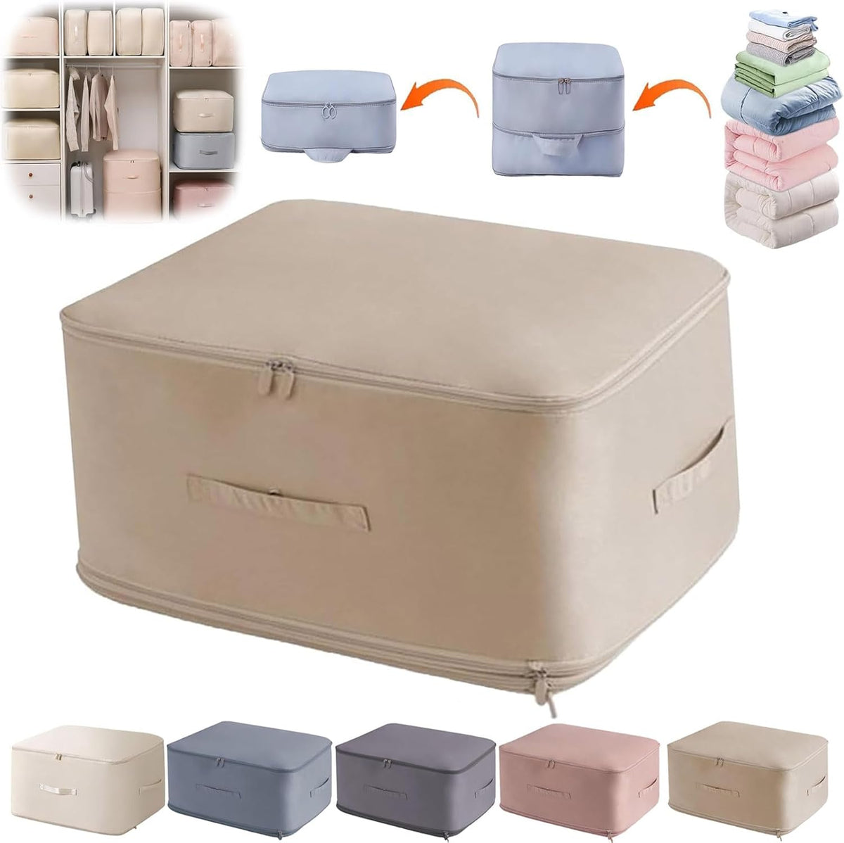 Ultra Space Saving Self Compression Organizer, Portable Heavy Duty Moving Bags, Compression Packing Cubes for Travel, Large Capacity Foldable Clothes Storage Bag with Zipper (Grey Blue, Small)
