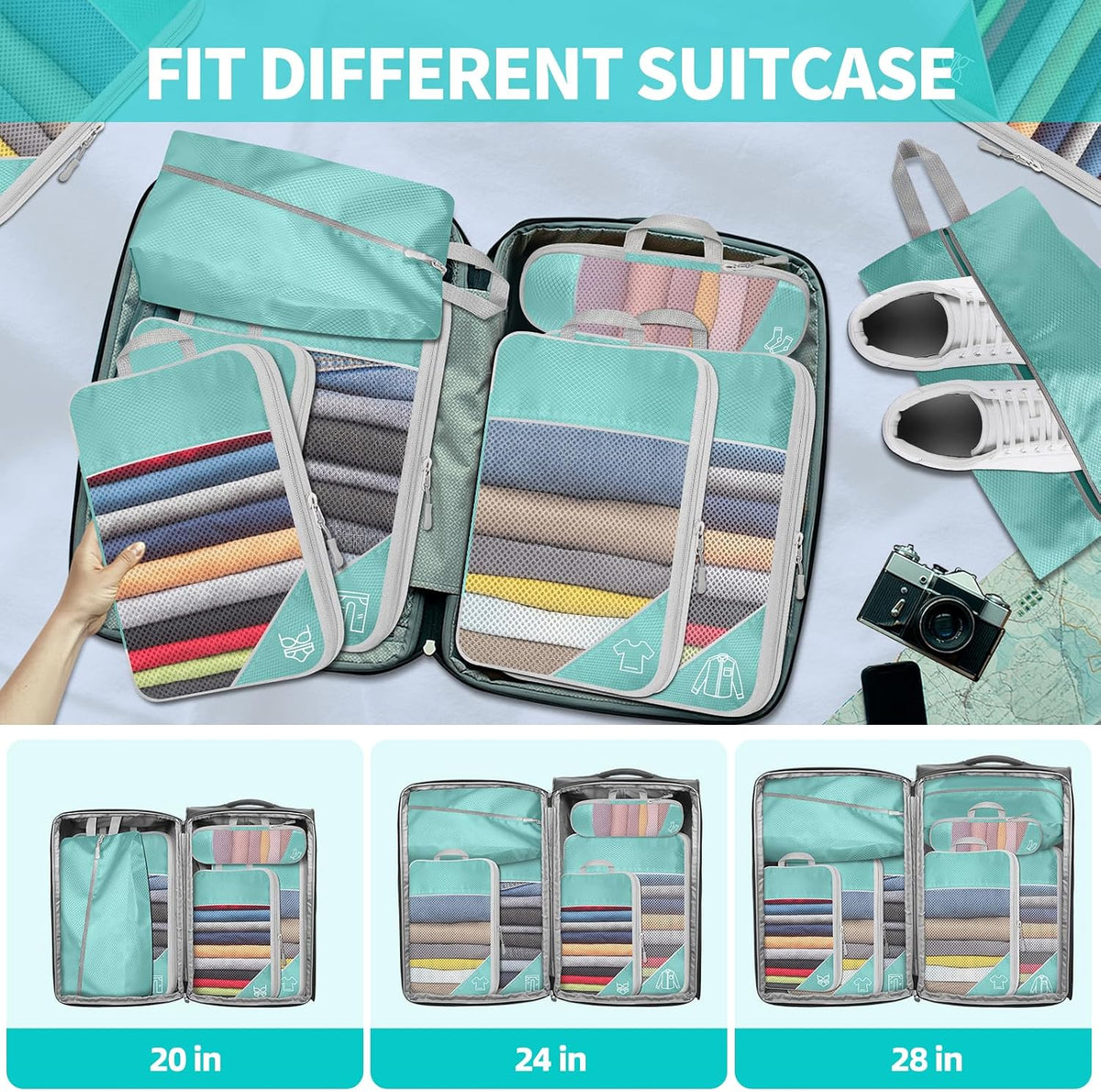 6 Set Compression Packing Cubes for Travel - Compressible, Lightweight, and Space-Saving Packing Cubes, Travel Accessories Luggage Suitcase Backpack for Men Women (Grey)