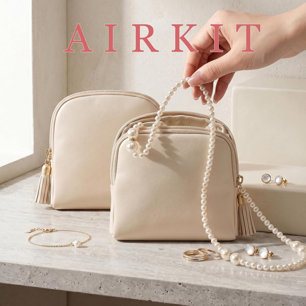 Travel Jewelry Organizer PU Leather Travel Jewelry Case Small Zipper Pouch for for Bracelet Rings Earring (Cream White)