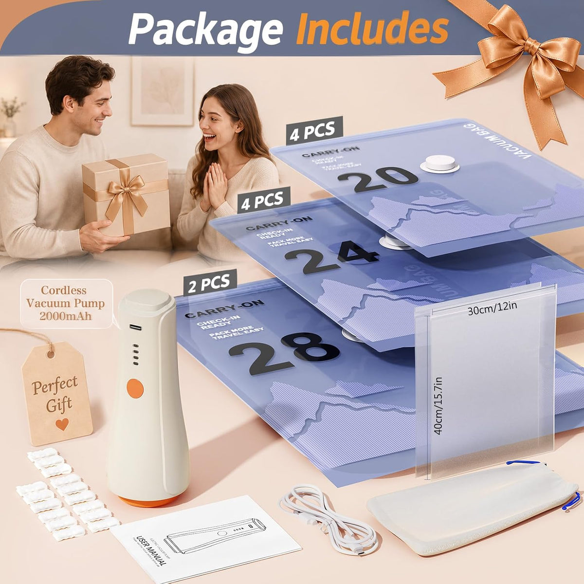 Vacuum Storage Bags with Rechargeable Cordless Pump, Space Saving Seal Bags for Travel Clothing & Luggage, Tear-Resistant Compression Packing Cubes for Suitcase, 12-Pack (2L/4M/4S/2 Bonus)