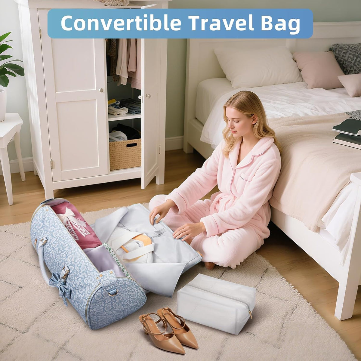 Garment Bags for Travel, Convertible Suit Travel Bag for Women, Stylish Carry On Garment Bag with Toiletry Pocket, Shoulder Strap and Shoes Compartment, 2 in 1 Foldable PU Leather Duffle Bag, Blue