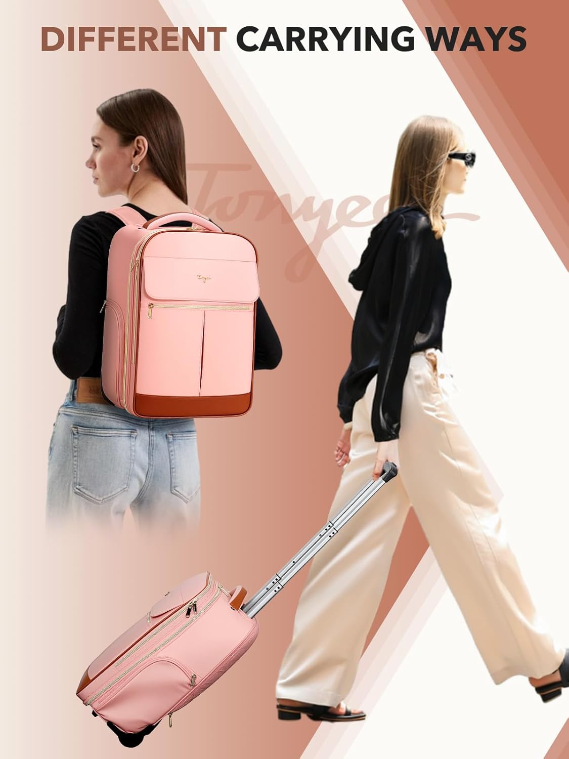 Rolling Backpack for Women, Large Travel Backpack with Wheels Carry on Flight Approved, 15.6 Inch Laptop Wheeled Roller Bag Suitcase for Work Bussiness Weekender (Pink,M Underseat Size)