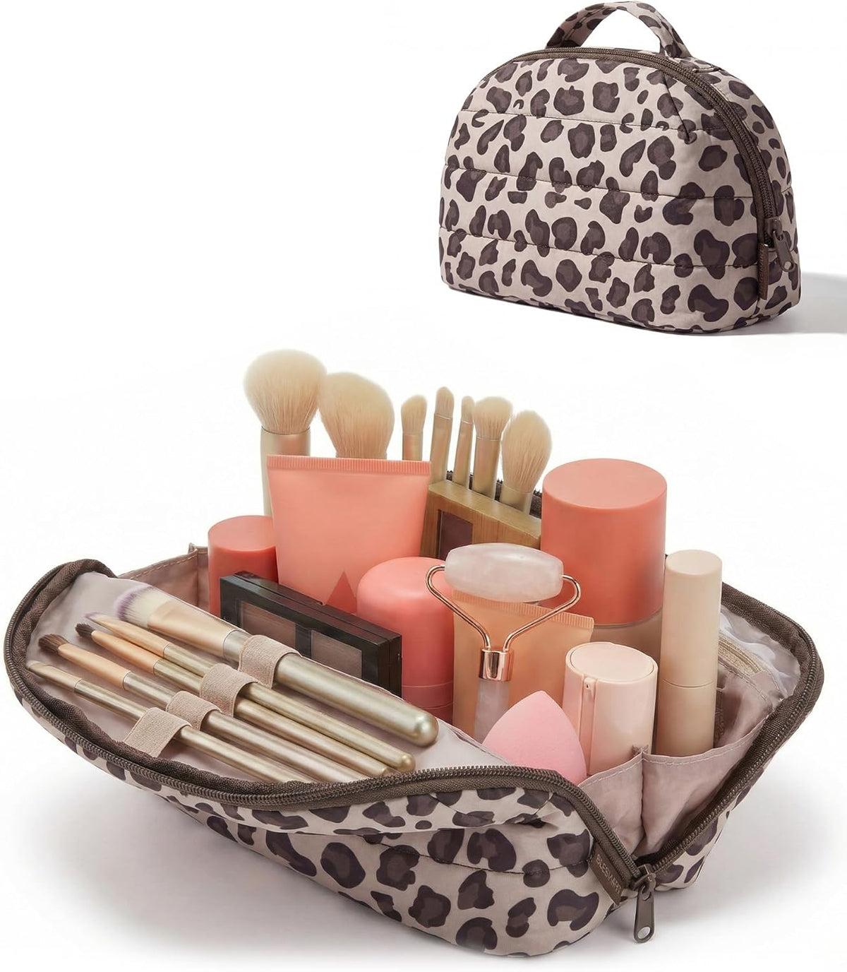 Travel Makeup Bag for Women, Portable Fold-down Cosmetic Case, Puffy Padded Make Up Organizer Pouch, Water-resistant Toiletry Bag for Toiletries, Brushes (Baby Pink)