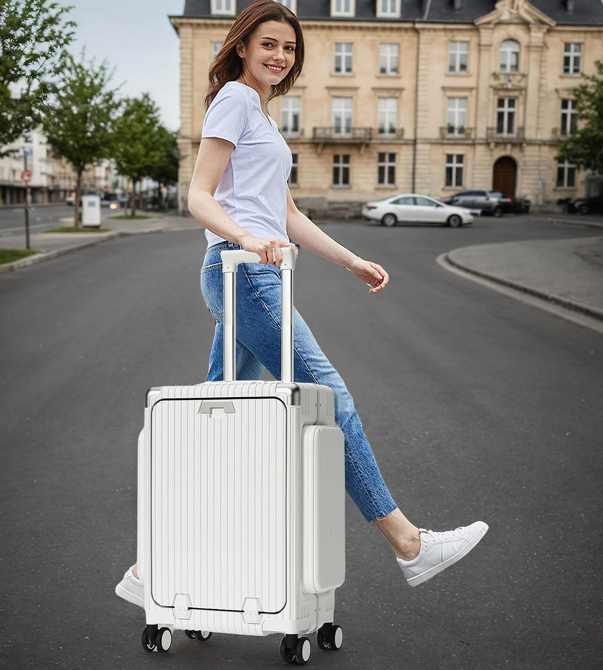 20in Aluminum Frame PC Carry On Luggage Tri-Zone Access Hard Shell Brake Wheels Suitcase with Cup Holder, Phone Holder, TSA Approved Lock (Silver, 20")