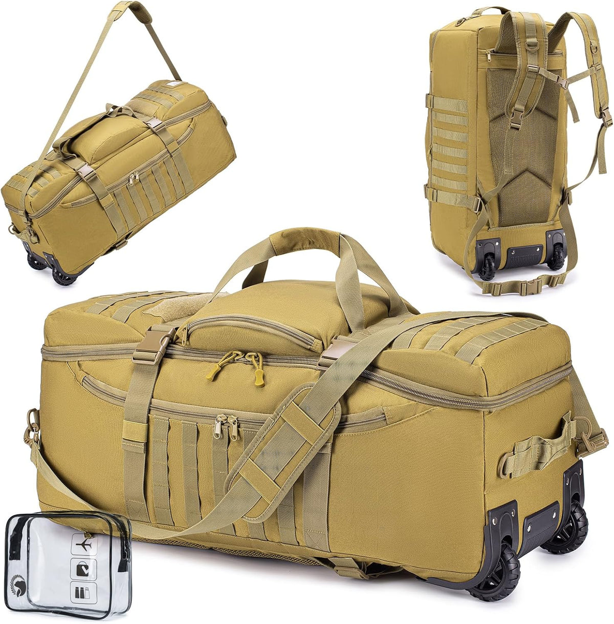 Duffel Bag with Wheels and Handle, 4 In 1 Military Large Roller Duffle Bag for Travel, 86L Tactical Waterproof Backpack with Hidden Straps,Durable MOLLE Luggage for Men & Women, Khaki