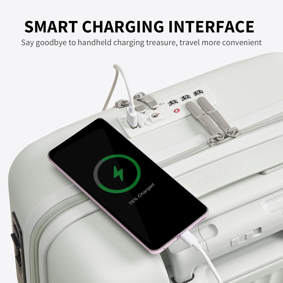 Carry On Luggage with Cup Holder, Top Opening Carry On Suitcase with USB Port, Phone Holder, One-Click Brake, Top Lid Opening Hardside Luggage for Travel, Business Trip, White