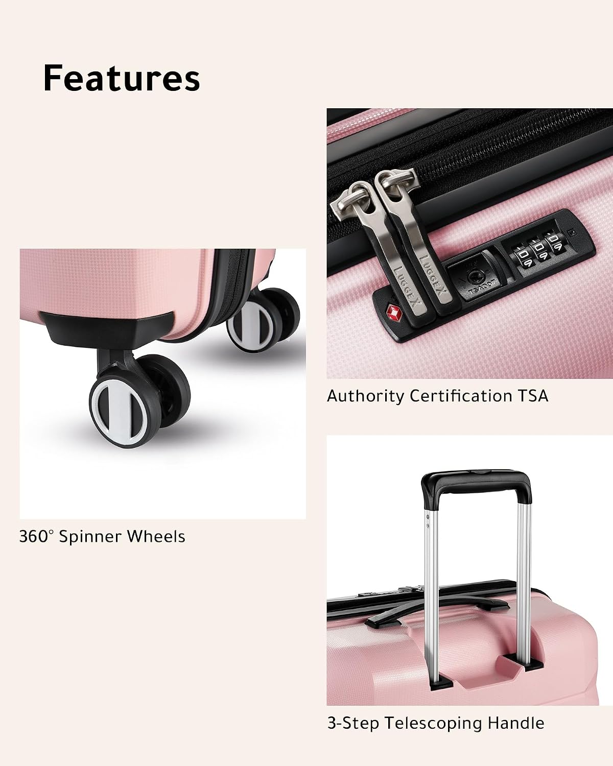 LUGGEX Carry on Luggage with Spinner Wheels, Lightweight Suitcase 2 Piece, Expandable (Pink, 14/20)