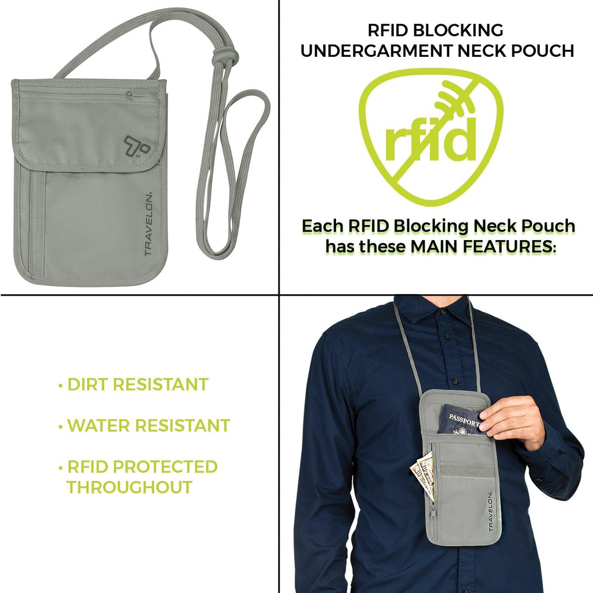 Rfid Blocking Undergarment Neck Pouch Travel Wallet, Gray, One Size