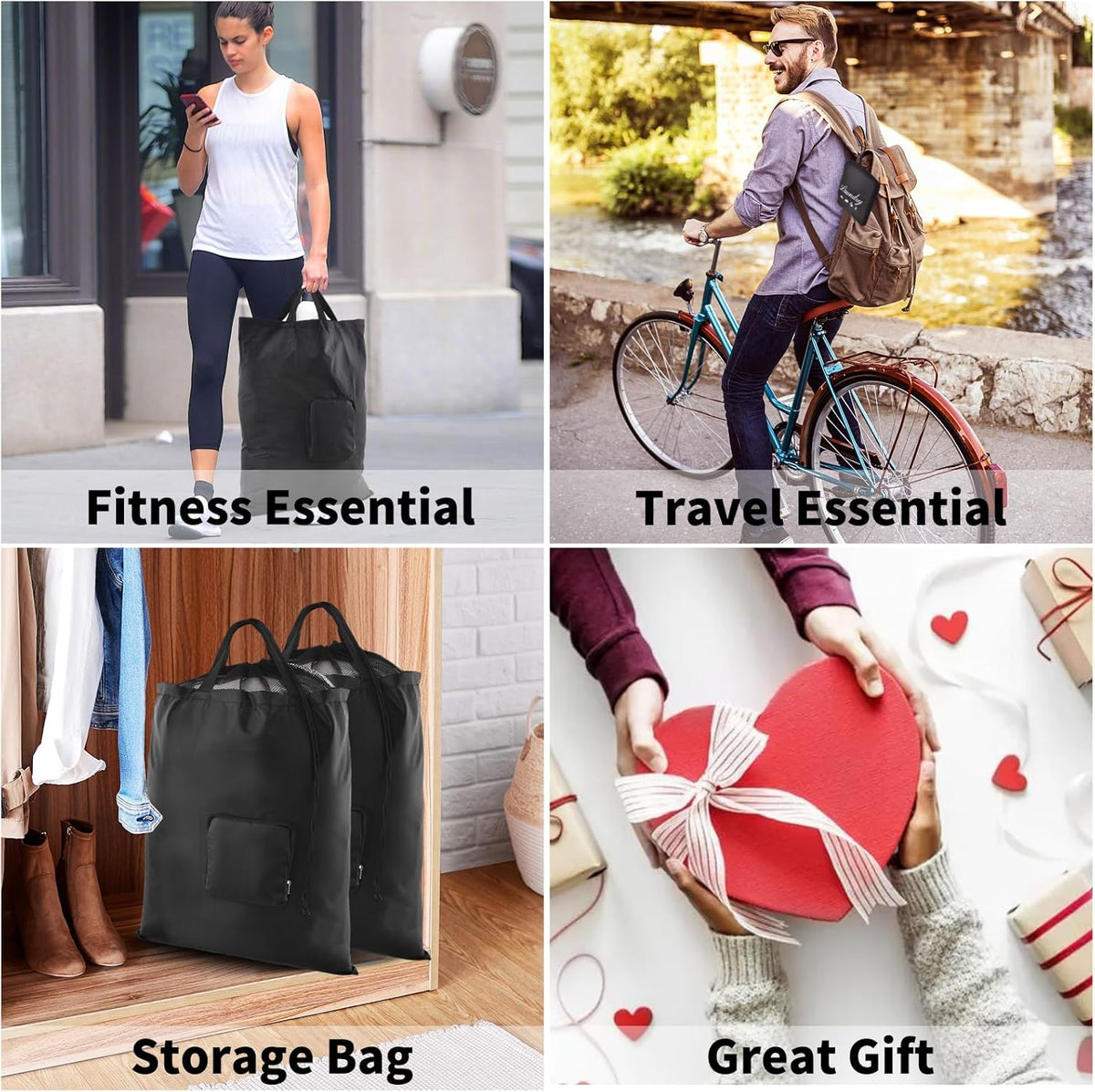 Travel Laundry Bags, 2Pcs Foldable Dirty Clothes Bag 【Upgraded】 with Fixed Drawstring Net, Handles and Carabiner, Portable Laundry Bags for Travel and Fitness (Dark-Black) 30"H x 21"W