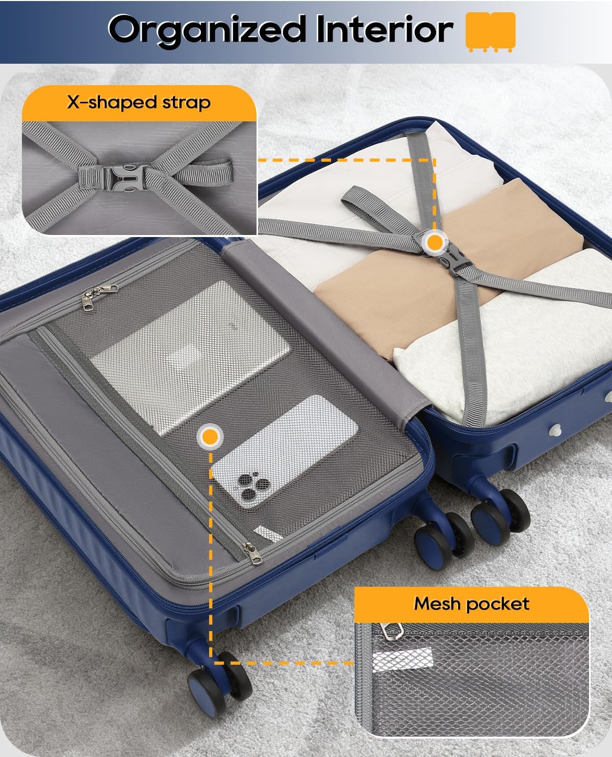 20 Inch Carry On Luggage with Front Pocket and Cup Holder, Blue | TSA Approved Suitcase, Laptop Compartment, Spinner Wheels With Brakes, ABS Hardside. Great For Frequent Business Travel