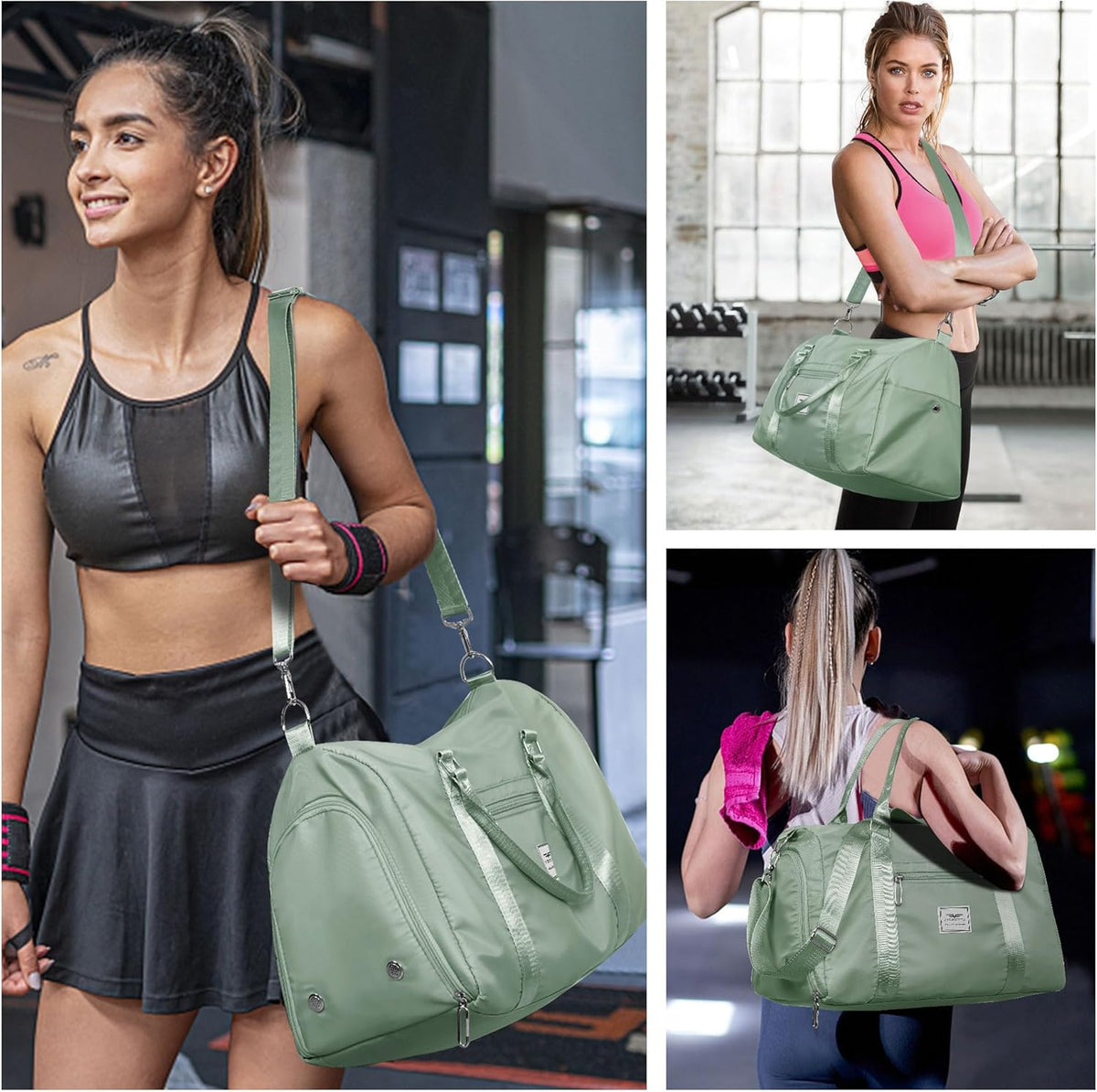 Womens Gym Tote Duffle Bag with Wet Pocket & Shoe Compartment, Sports Duffel Overnight Weekender Hospital Workout Carry on Bag for Girls, Ideal for Travel, Swimming, Dance, Ballet Celadon