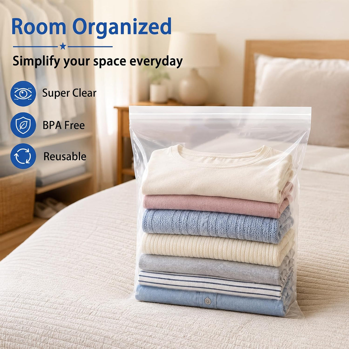 Extra Large 5 Gallon Zippered Plastic Bags for Storage | 16'' x 18'', Ideal for Clothes Clothing, Travel, Moving, 4-mil Thick Clear Plastic, Waterproof, 15 pack