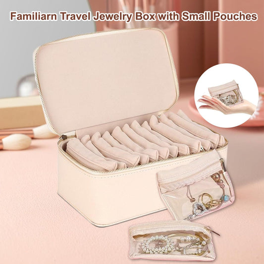 Portable PU Leather Jewelry Organizer Box with 12 Pouches,Familiarn Travel Jewelry Box with Small Pouches,Large Capacity Waterproof Jewelry Storage Case for Necklace, Earring,Bracelet,Ring (Pink)