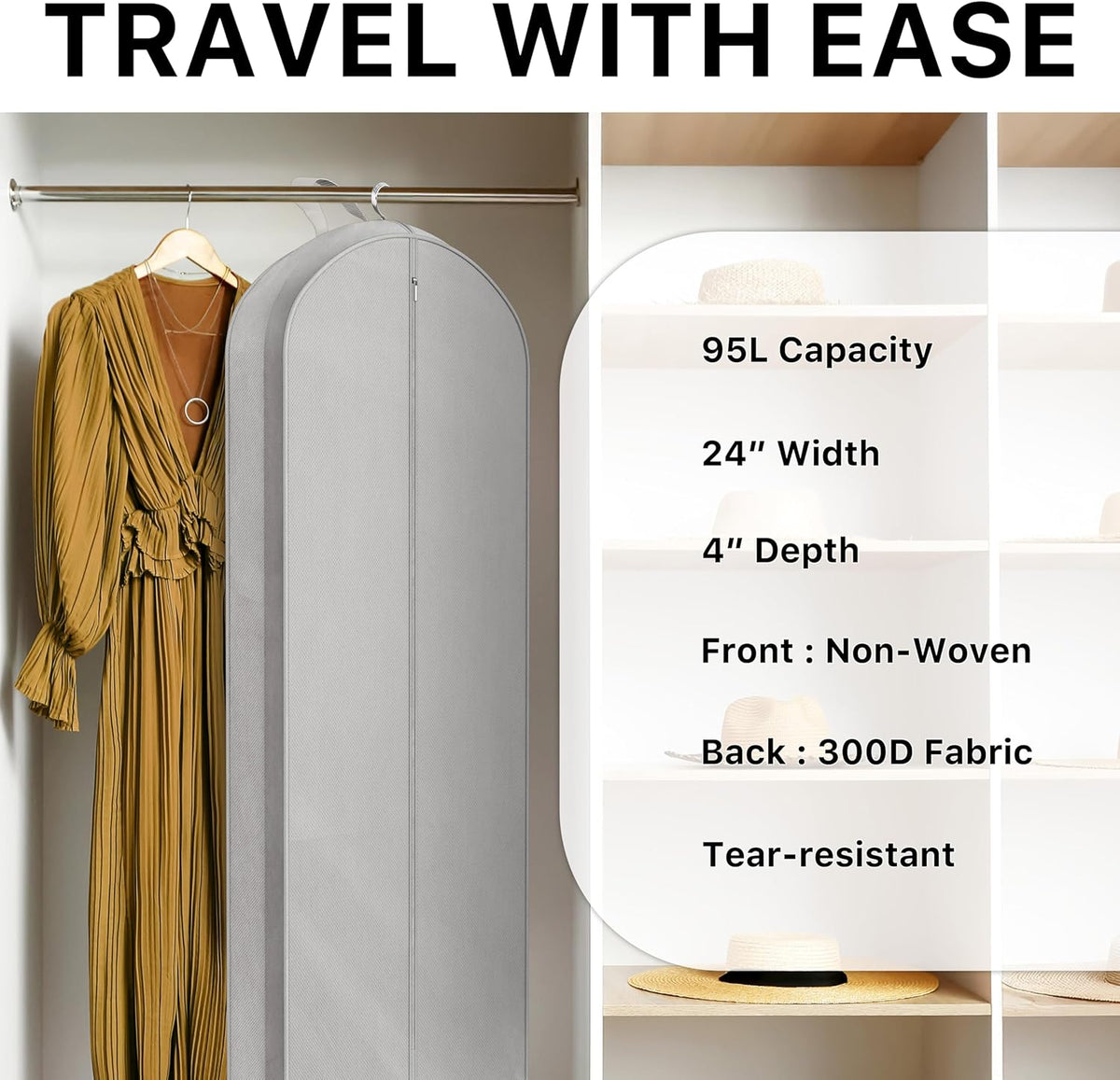 43-Inch Travel Garment Bag, Non-Woven Lightweight, Gray