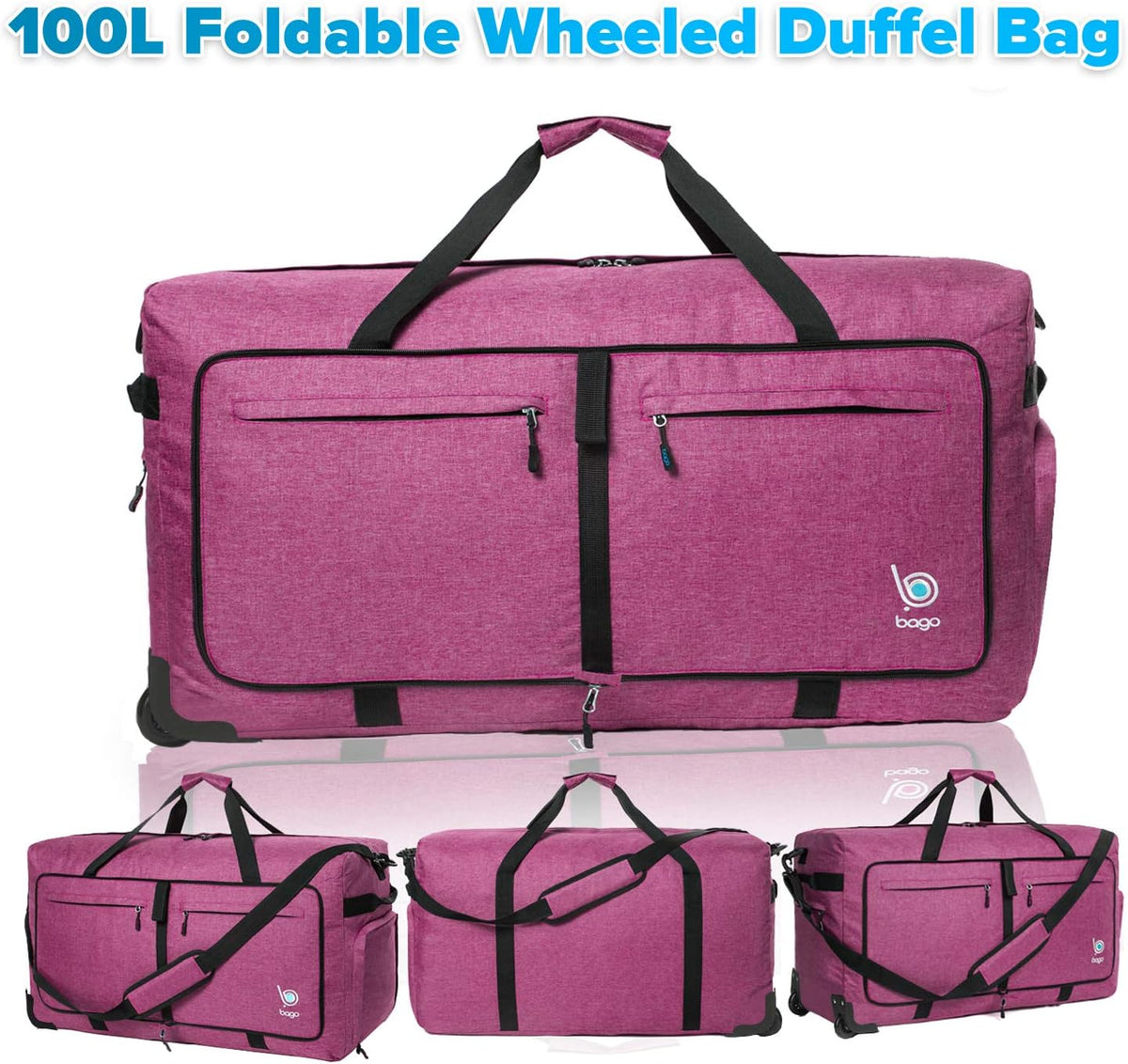 Bago Rolling Duffle Bag with Wheels - 27" 80L Foldable Weekender Bag, Waterproof Travel Duffel Bag, Heavy Duty Lightweight Duffle Bag for Traveling, Rolling Duffel Bag with Wheels (SnowBlack2023)