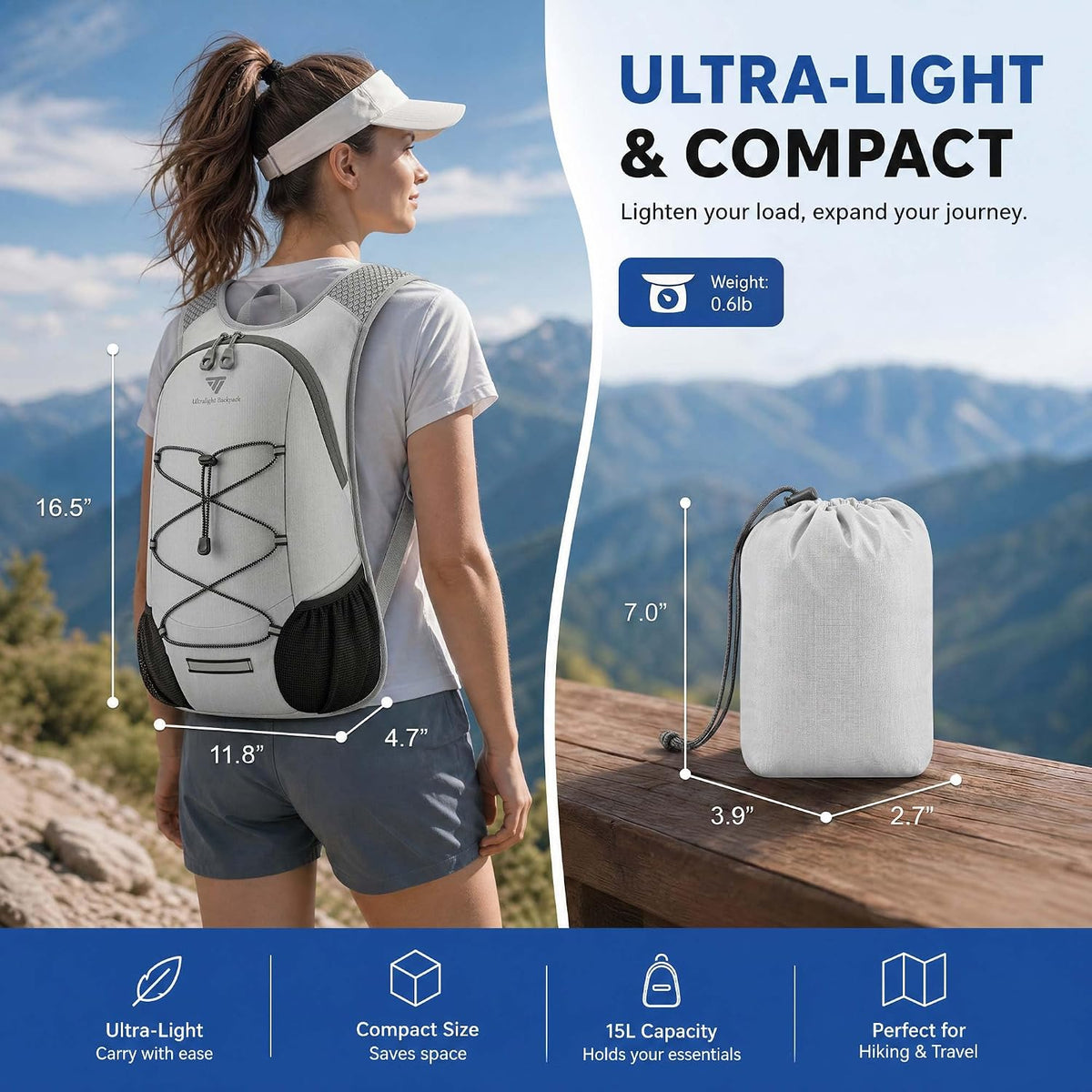 15L Small Hiking Backpack for Men Women – Foldable Packable Daypack with Hydration System Compatible & Shoulder Strap Phone Pocket, Lightweight for Travel Camping Outdoor (Black)
