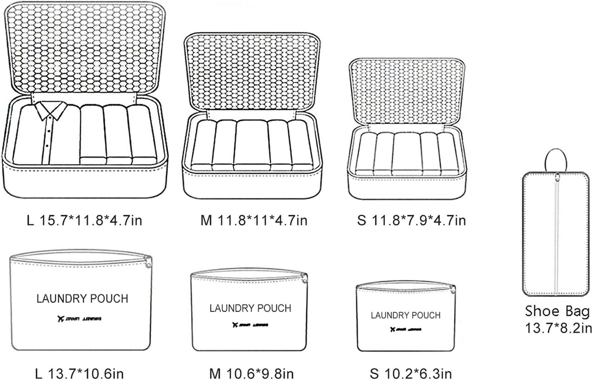 7 Set Packing Cubes with Shoe Bag - Travel Carry On Luggage Organizer