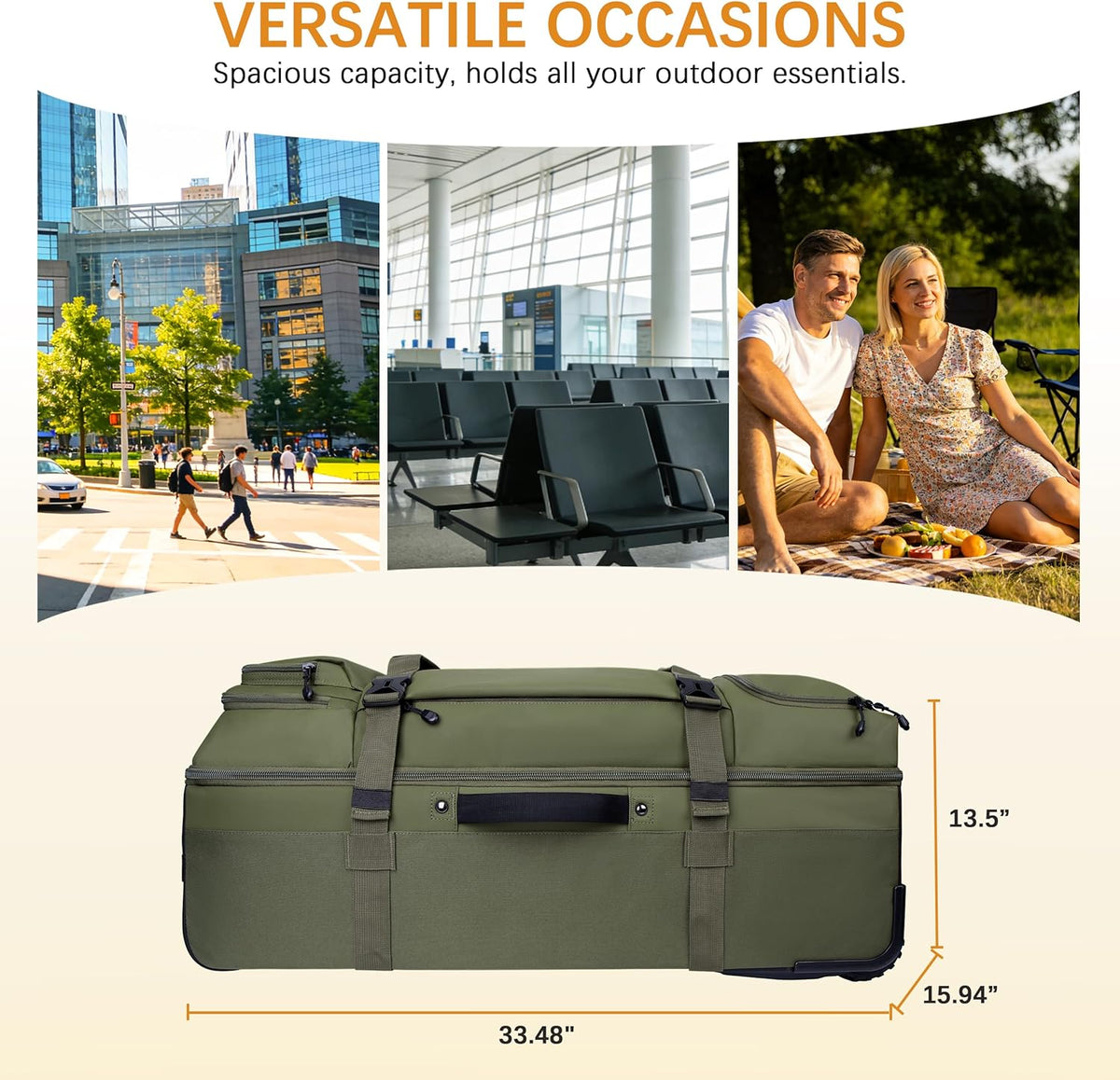 33 Inch 100L Extra Large Rolling Duffle Bag with Wheels, Wet Pocket & Shoe Compartment, Heavy Duty Water Resistant Wheeled Duffel for Moving Travel Camping