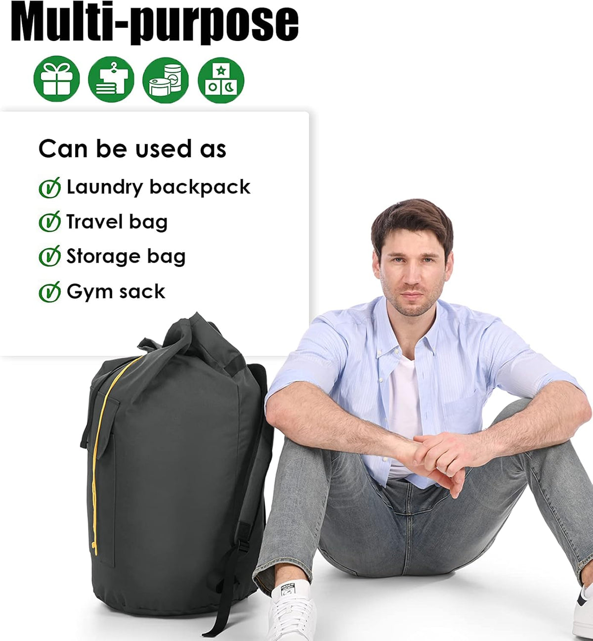 Backpack Laundry Bag, 115L Heavy Duty Extra Large College Laundry Backpack, Dirty Clothes Bag with Shoulder Straps, Laundry Hamper Bag with Drawstring Closure for College Dorm, Apartment Charcoal grey