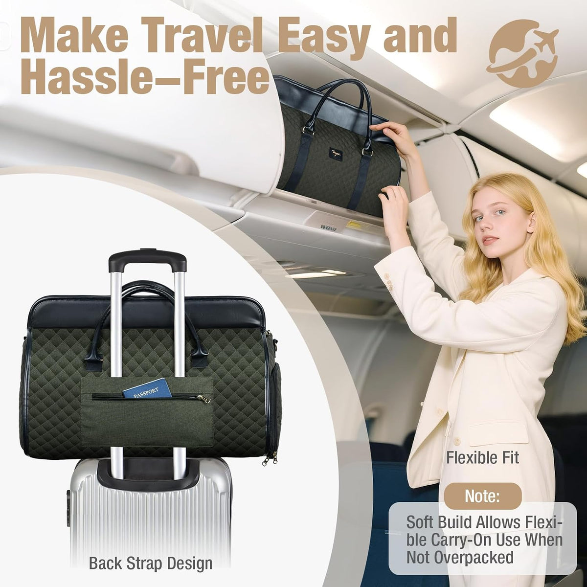 Convertible Garment Duffel Bags for Travel, Carry On Garment Bag with Shoe Compartment, 3 in 1 Foldable Suit Duffle Bag for Women, Jenni Bag for Hanging Clothes, Dark Green (2Pcs Set)