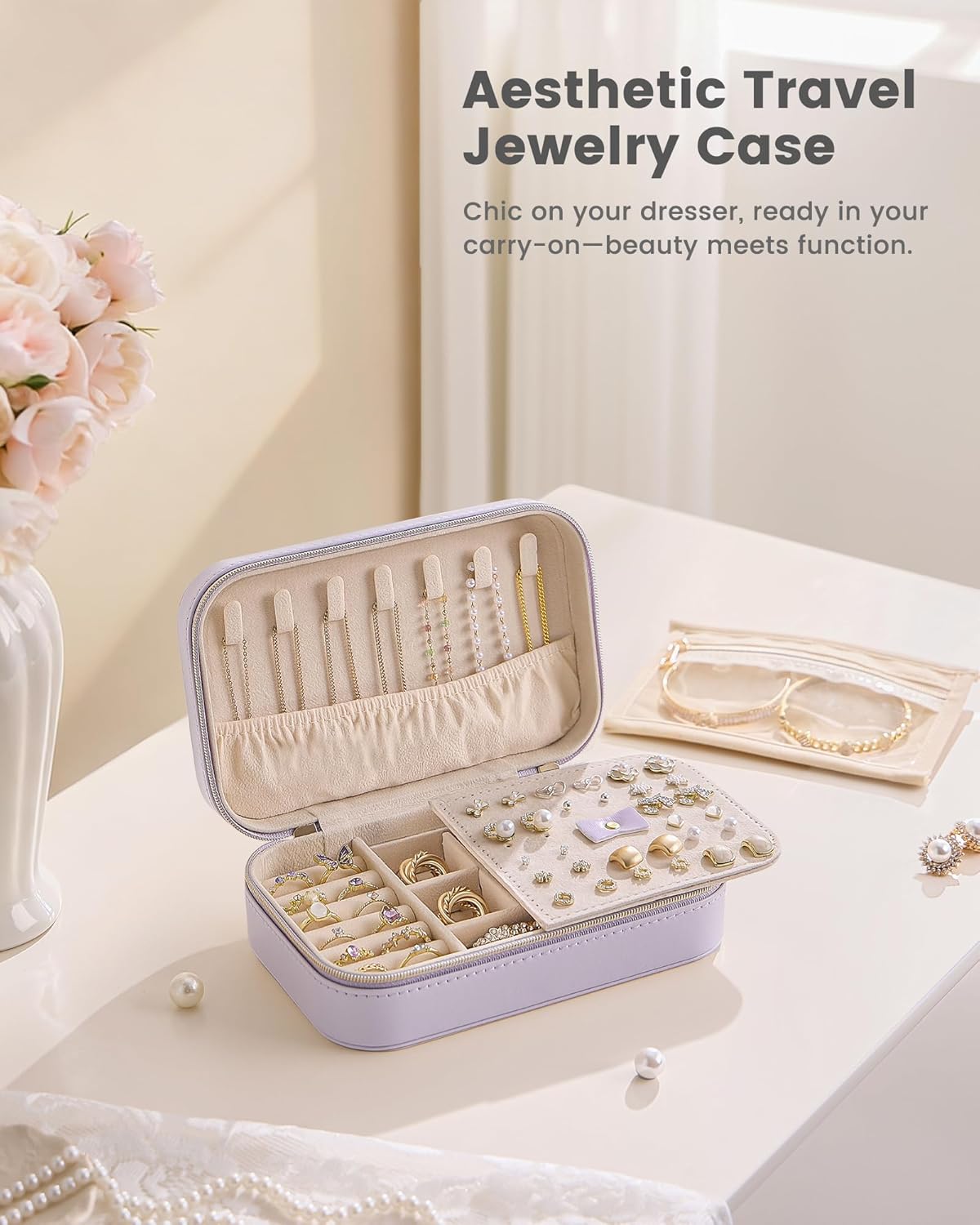 Travel Jewelry Case for Women Girls, Travel Jewelry Organizer with Clear Storage Bag Small Portable Jewelry Box for Necklace Bracelet Earring Ring Valentines Bridesmaid Gifts -Medium/Beige
