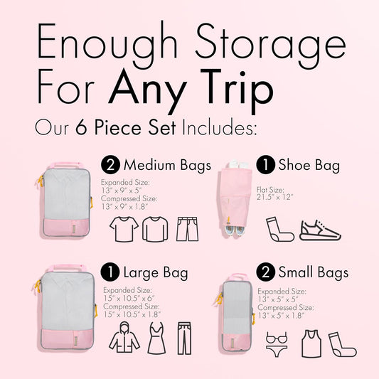 (Not Made In China) Compression Packing Cubes For Travel, Suitcase and Luggage Space Saver Organizer Bags, Lightweight, Waterproof Nylon, Durable, 4pc Set, White
