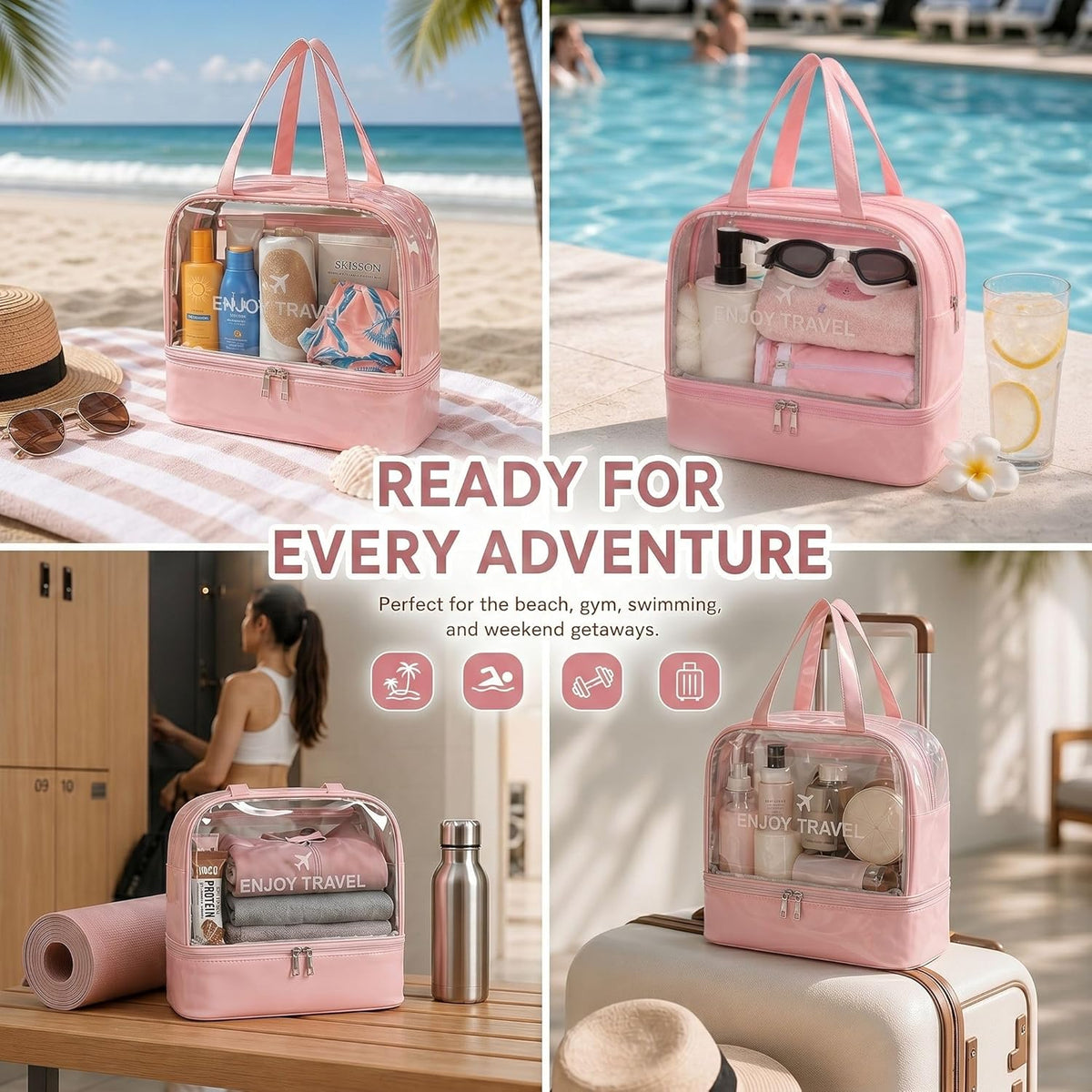 Travel Toiletry Bag for Women, Clear Large Makeup Organizer Bag with Bottom Shoe Compartment, Waterproof Wet Dry Separation Cosmetic Bag for Gym, Pool, Beach, Vacation Travel Essentials, Pink