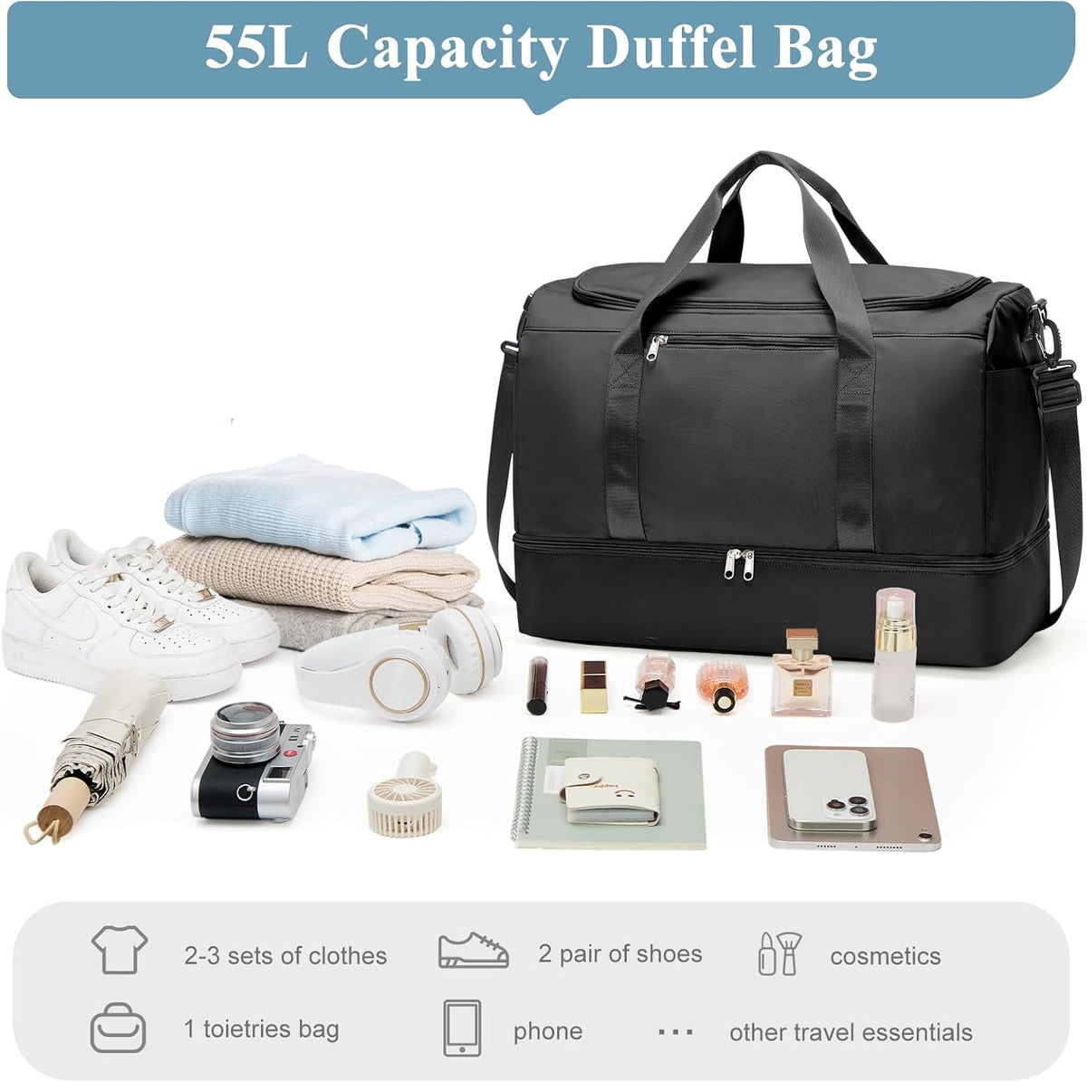 Travel Duffel Bag with Shoe Compartment, XL Weekender Bags for Women | Carry-On Overnight Bag for Gym Sports & Business Trips, Water-Resistant Hospital Bag for Labor and Delivery