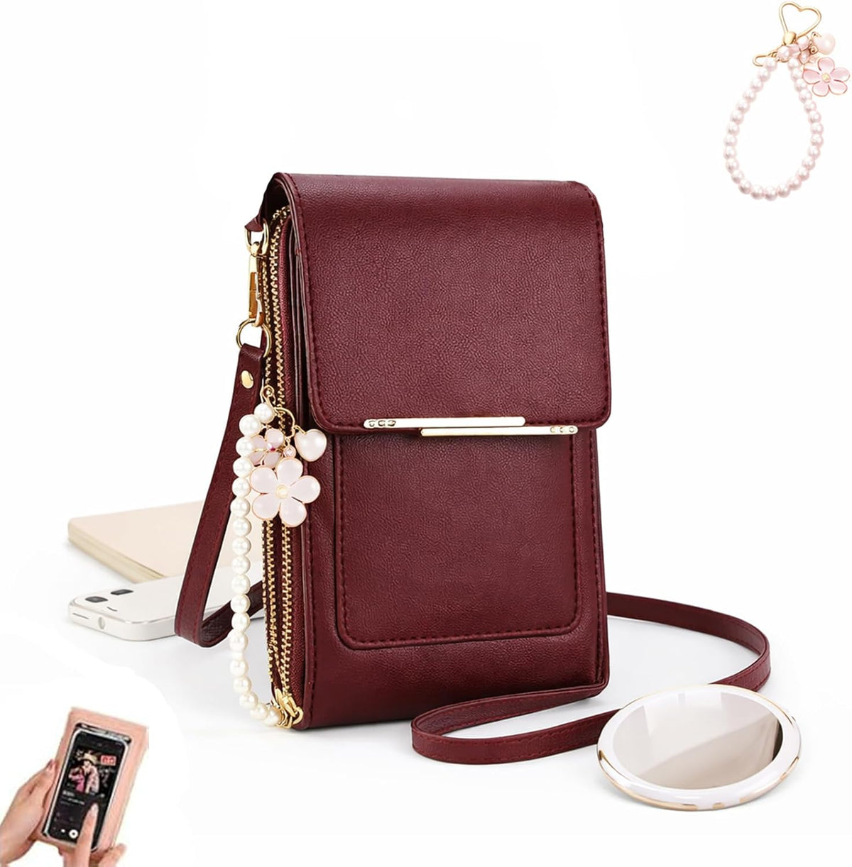 Touch Screen Phone Crossbody Bag, Waterproof PU Leather with Adjustable Shoulder Straps, for Women Outdoor, Travel