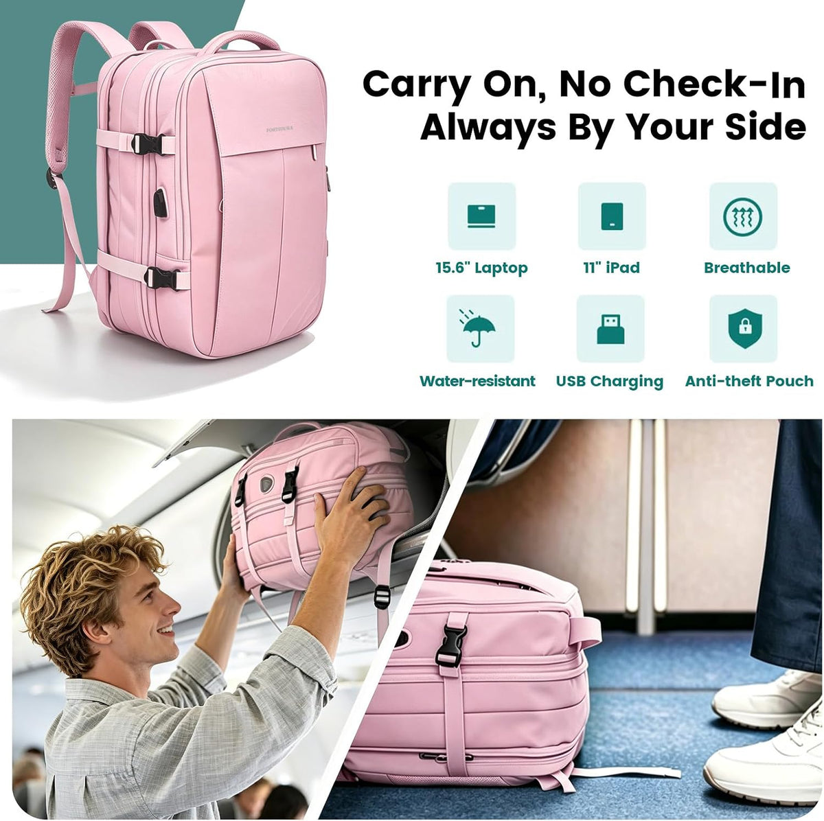 42L Expandable Travel Bag, 15.6-inch Laptop Bag, TSA-Compliant Carry-On, 2 Storage Pockets, USB Charging Port, Water-Resistant Design, Unisex, Ideal for Business, Hiking, and Travel, Black