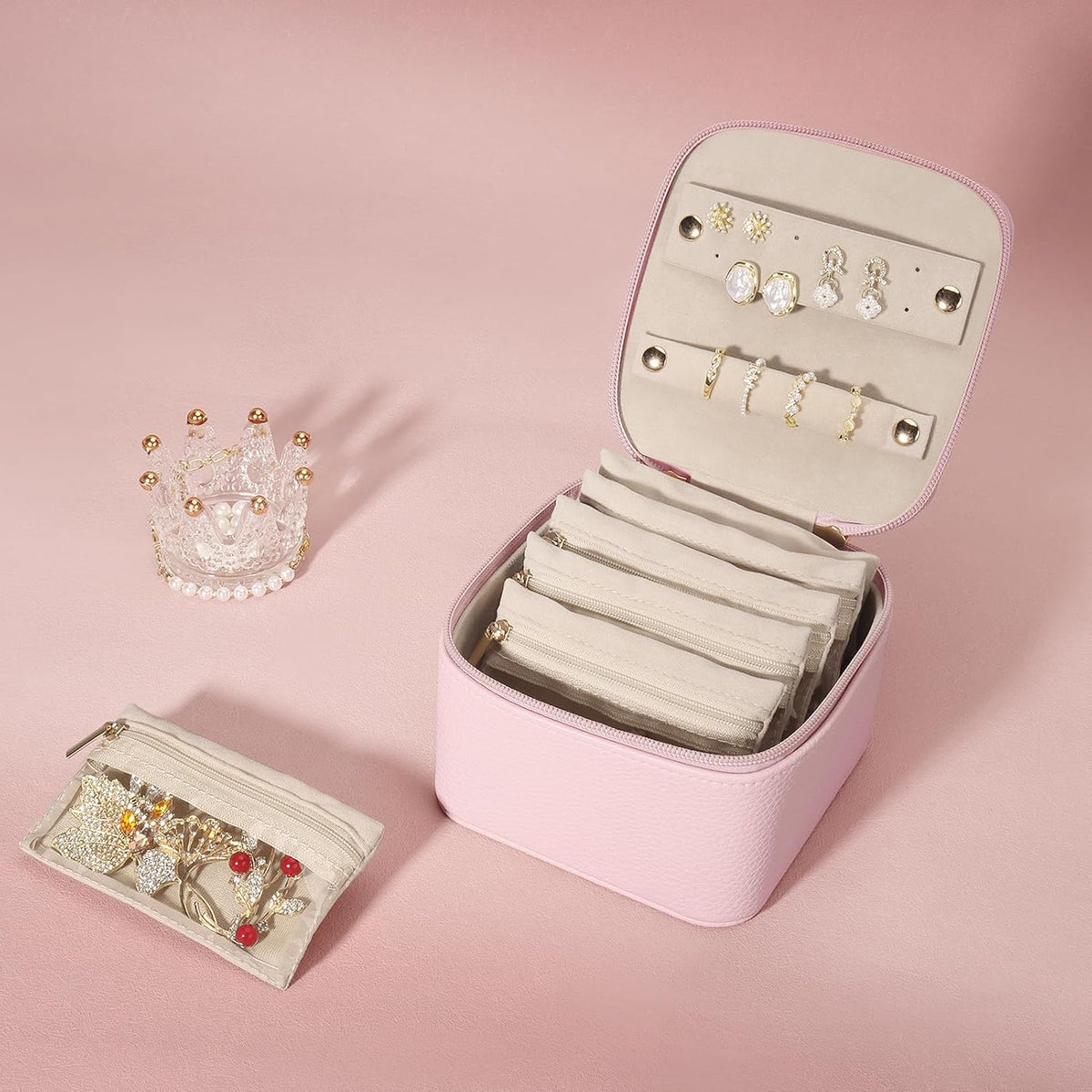 Small Jewelry Box, Travel Small Jewelry Organizer with Earring Tray and Ring Holder,Square Travel Jewelry Storage Case with 6 Velvet Jewelry Pouches, Pink