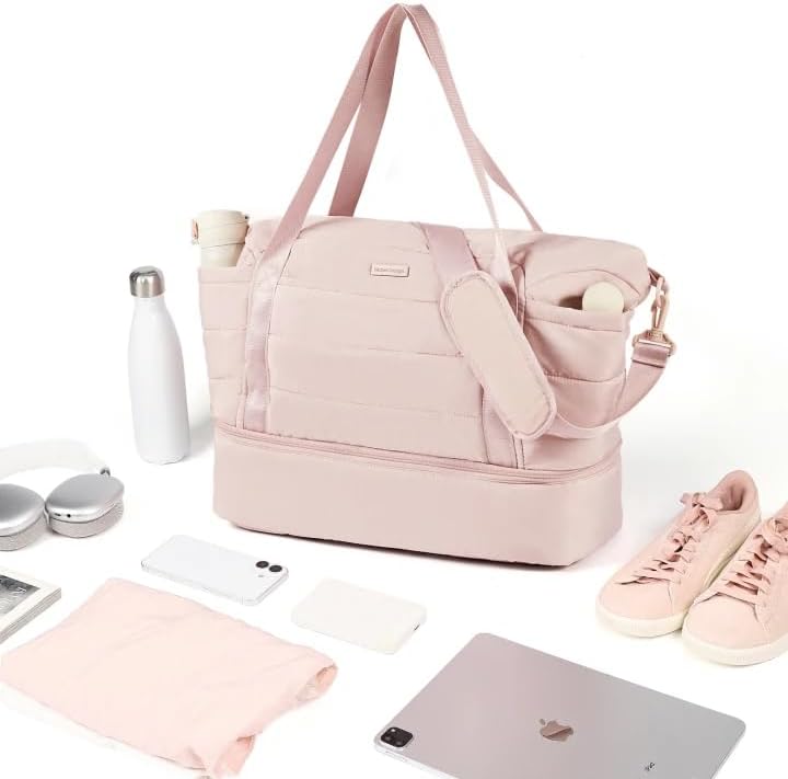 Double-layer Weekender Bags for Women, Personal Item Duffle Bag with Shoes Compartment, Large Capacity Travel Bag, Overnight Luggage Bag with Pocket, Pink