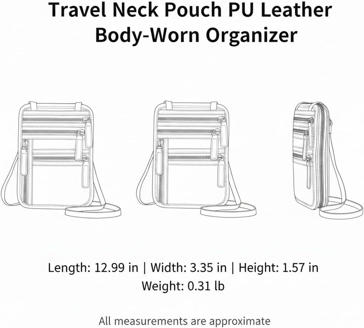 Travel Wallet Neck Pouch with Adjustable Strap, PU Leather Body-Worn Organizer for Passport and Cards, Secure Document Storage for International Trips
