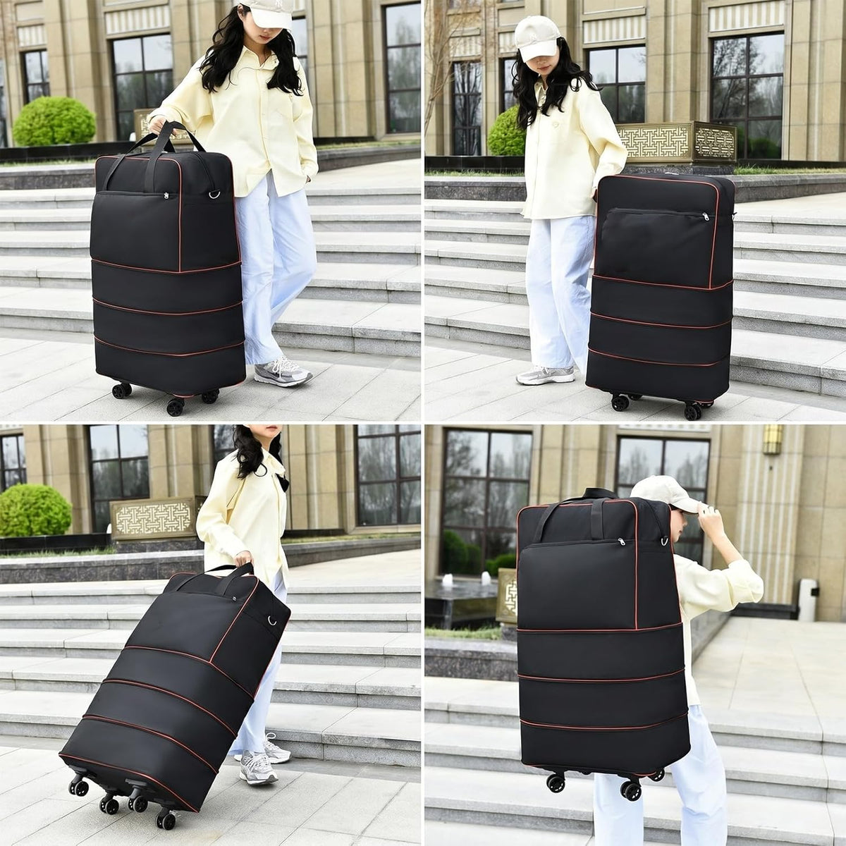 Foldable Duffel Bag,Large Expandable Rolling Travel Duffle Bag with Wheels Waterproof Collapsible Luggage Carry on Duffel Bag with Wheels and Handle, Black