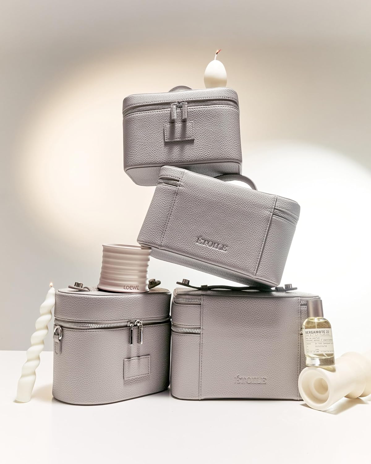 Duo Vanity Case Beige - Large Functional Travel Makeup Bag Organizer with Removable Divider & Mirror