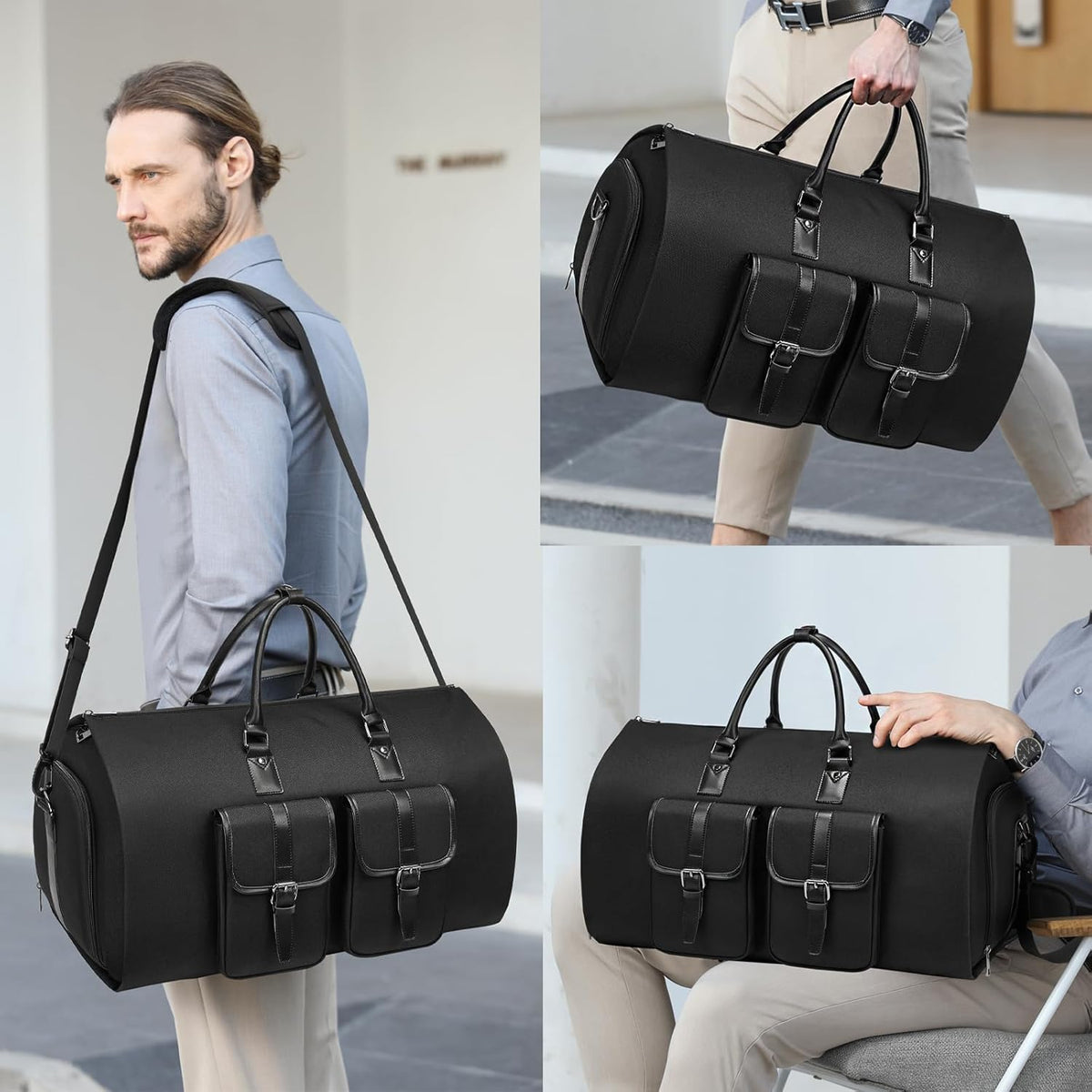 Leather Garment Bags for Travel, Convertible Carry on Garment Duffel Bag for Men, 2 in 1 Waterproof Foldable Travel Suit Bag with Shoulder Strap Weekender Bag with Shoe Pouch
