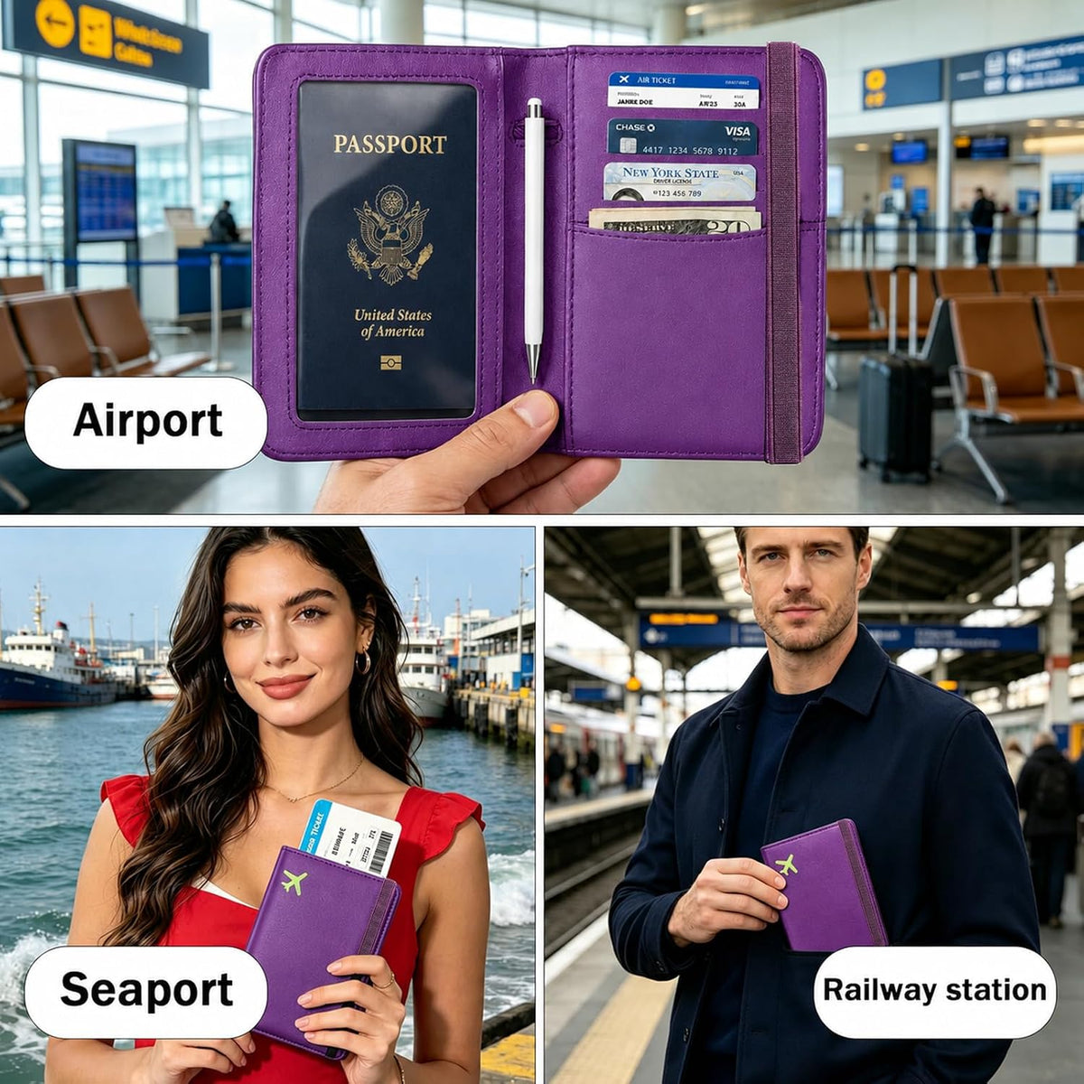 RFID Blocking Passport Holder for Travel – PU Leather Waterproof Lightweight Passport Cover Wallet for Women Men, Travel Organizer with Card Slots for Airline Tickets & Passport Book, Purple