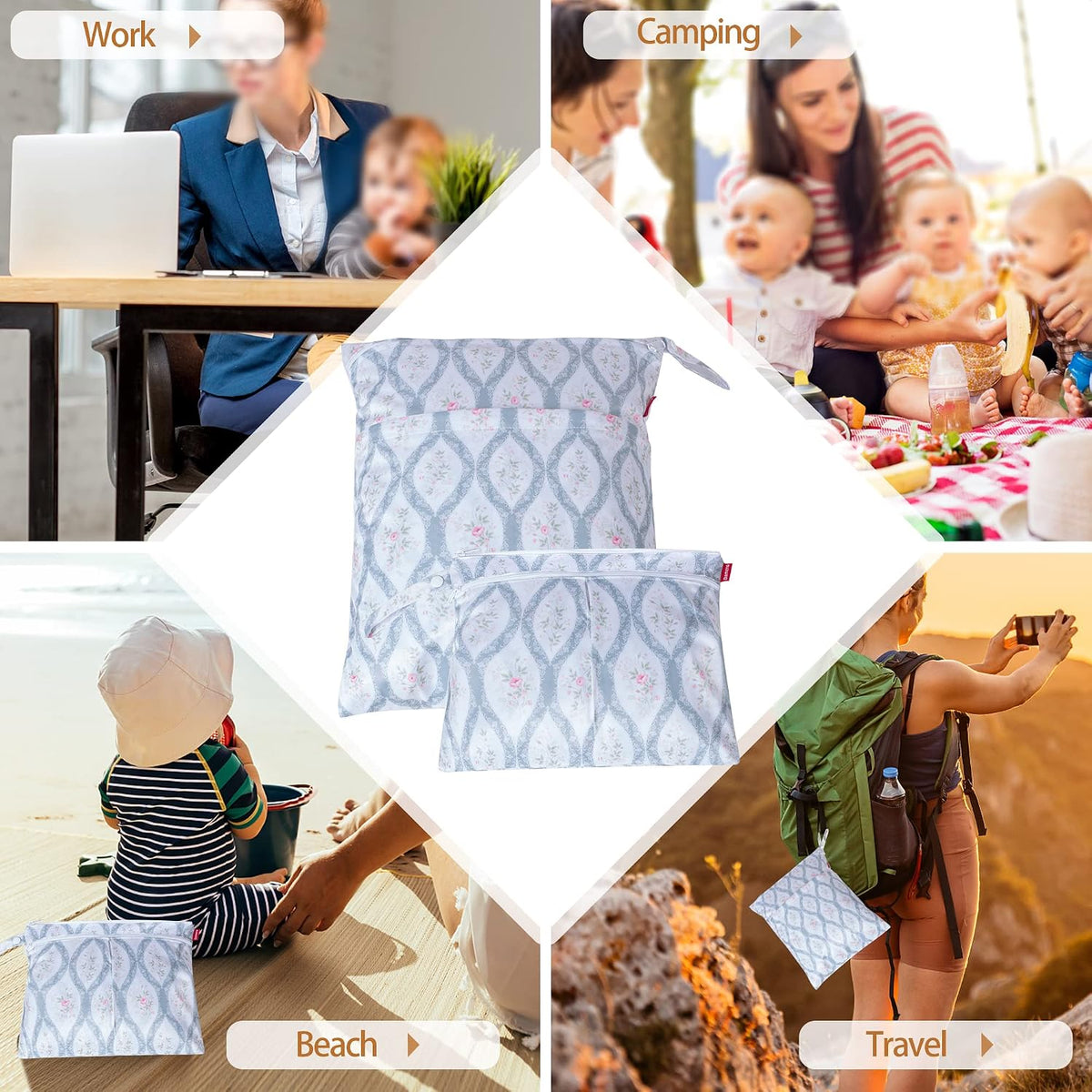 2 Pcs Wet Dry Bag for Cloth Diaper, Swimsuit, Clothes, Water-Resistant Reusable Wet Bag for Travel, Exercise, Beach, Pool, Daycare, Spiral Flowers