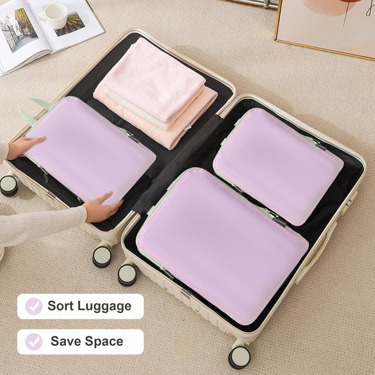3 Set Lightweight Compression Packing Cubes for Suitcases, Travel Essentials Expandable Packing Cubes Organizer for Carry on Suitcases(Cream)