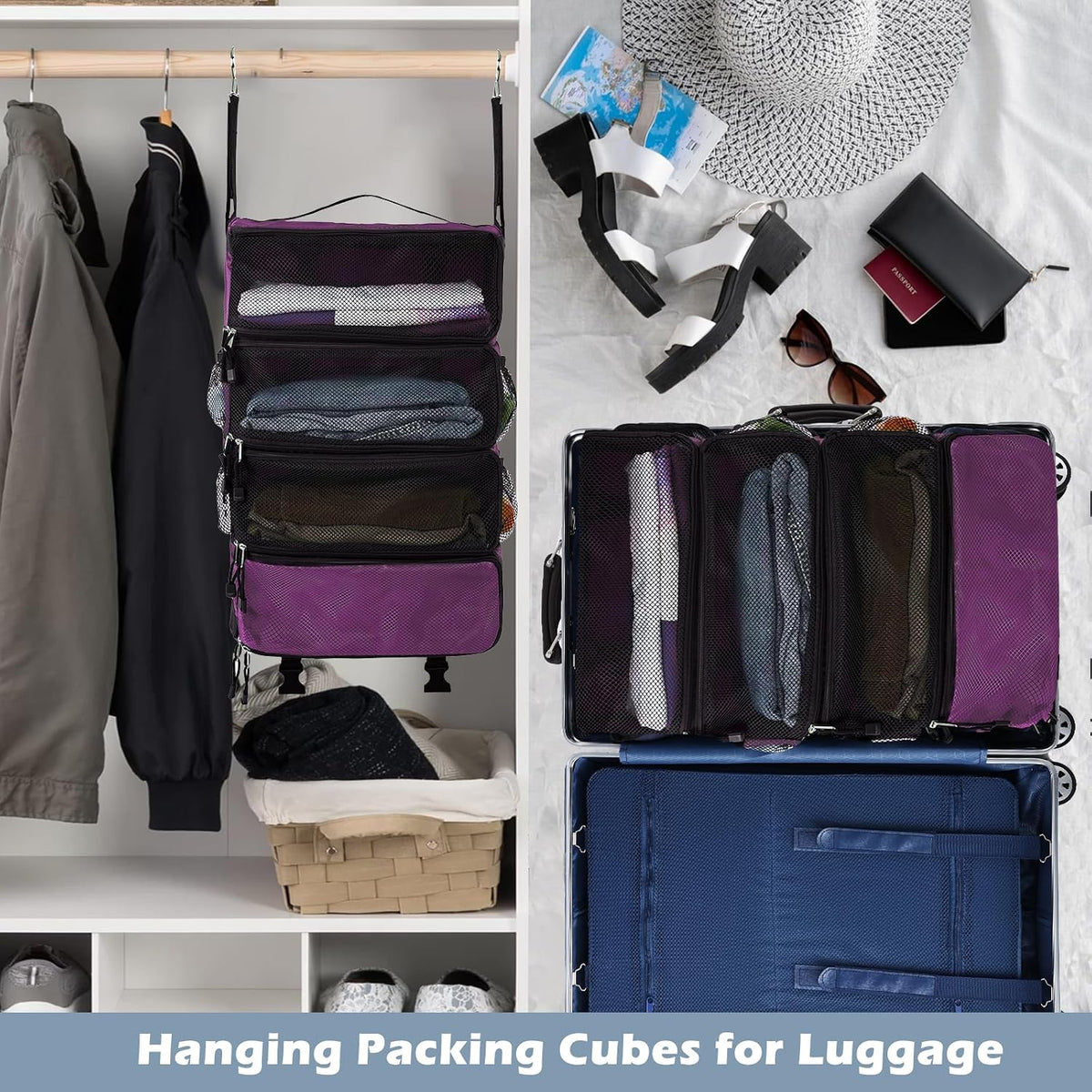 Hanging Travel Organizer Portable Hanging Luggage Organizer Multiple Compartments Collapsible Compression Closet Packing Cubes,Beige,M