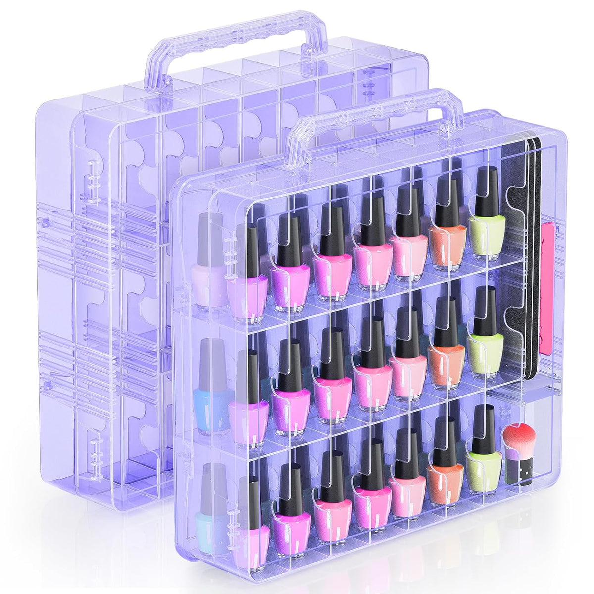 2pcs Nail Polish Organizer, Portable 48 Bottles Clear Nail Polish Holder with Adjustable Divider, Gel Nail Polish Storage Double Side Nail Polish Organizer Case for Nail Tech Grey