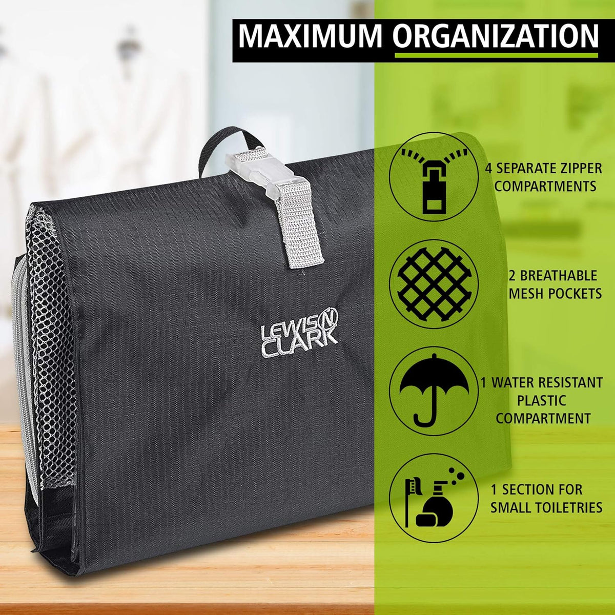 Hanging Toiletry Bag for Travel Accessories, Shampoo, Cosmetics + Personal Items with Waterproof Compartment and Folding Design, Black