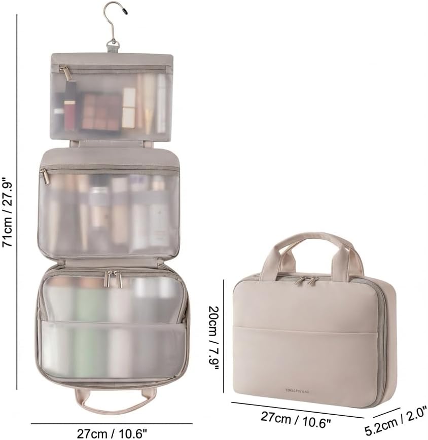 Voyage Living Hanging Travel Toiletry Bag for Women, 3-Tier Makeup Organizer, Large Capacity Waterproof PU Leather Cosmetic Case, Travel Essentials (Mist Rose)