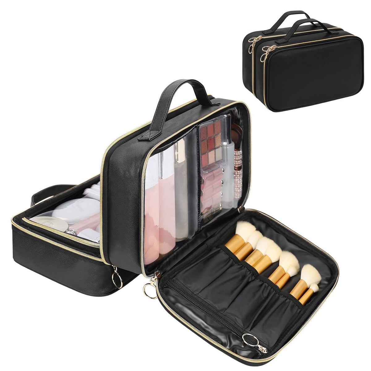 Travel Toiletry Bag, Double Layer Clear Makeup Bag Organizer Large Capacity Cosmetic Bag for Traveling Women Beauty Essentials, Multiple Compartments Makeup Case- Black