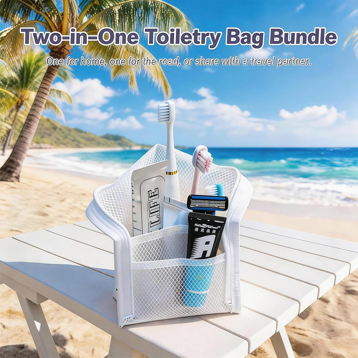 2 PCS Standing Toiletry Bag, Foldable Hanging Travel Cosmetic Organizer, Large Capacity for Toothbrush and Toiletries (Black+White)