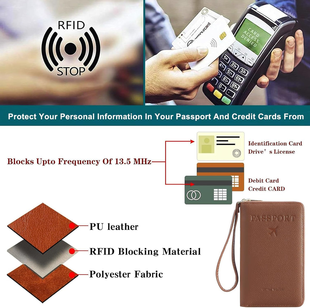 Multi-Functional Passport Holder Cover with Purse Charms,Premium Travel Wallet RFID Blocking Passport Cover Card Case for Holds Phones, Passports, Cash, Cards & Boarding Passes-Brown