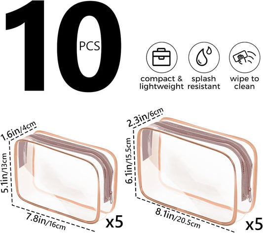 10 Pack Travel Toiletry Bag, Clear Makeup Bag, TSA Approved Cosmetic Bag with Zipper, Clear Organizer Carry on Bag for Women, PVC Cosmetic Pouch for Airport Airline Compliant (Rose Pink, 10 Packs)