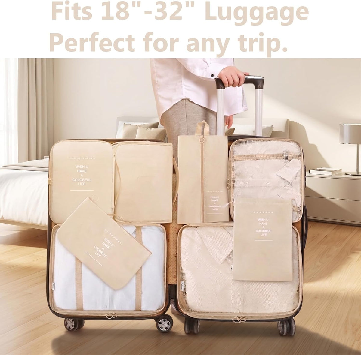 9 Set Packing Cubes for Suitcases, Cream Travel Luggage Organizer Bags Essentials with Shoe Cosmetics Toiletry and Laundry Pouches for Women Men
