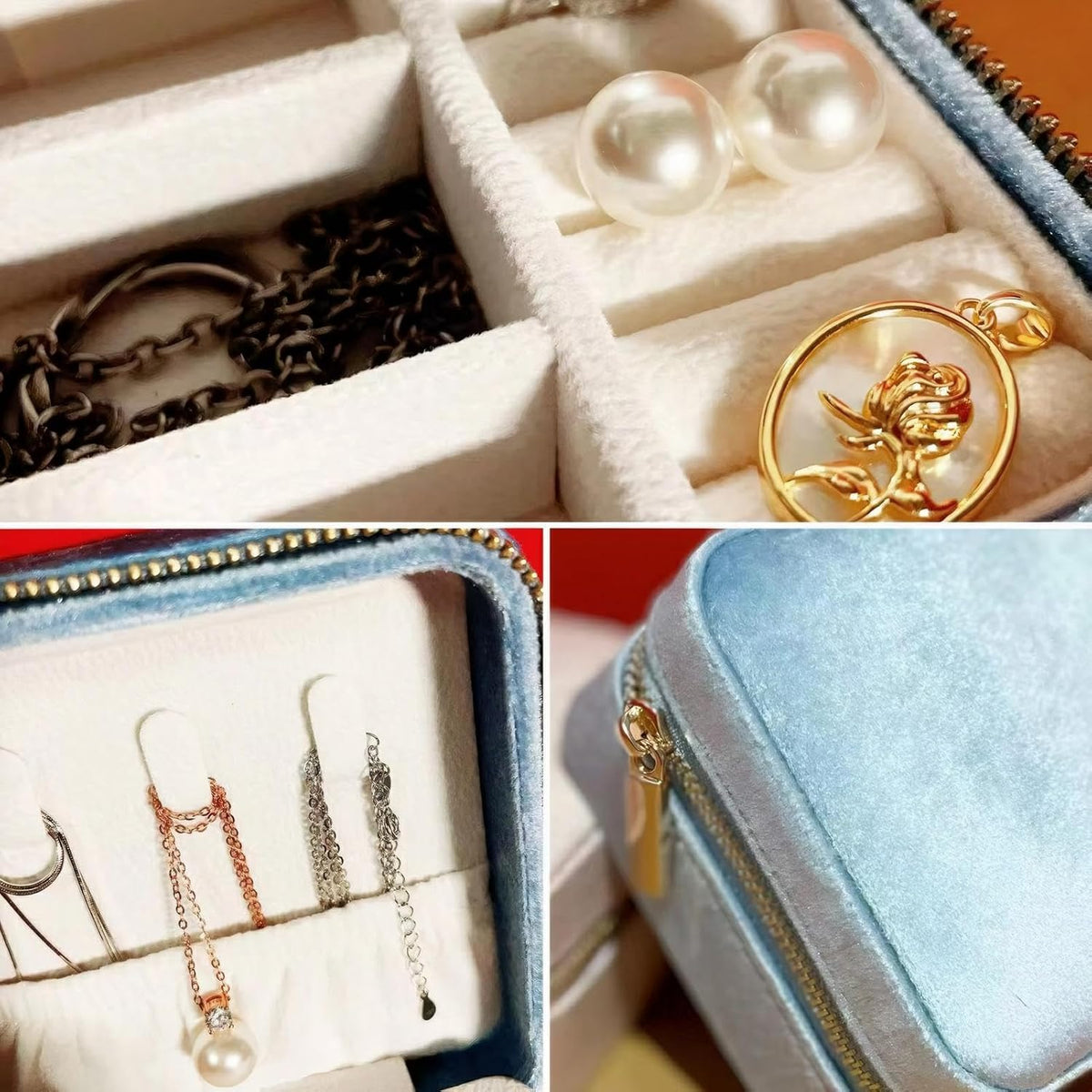 Velvet Jewelry Box, Small Travel Jewelry Organizer, Portable Jewelry Case for Women with Mirror, Green Mini Plush Travel Box